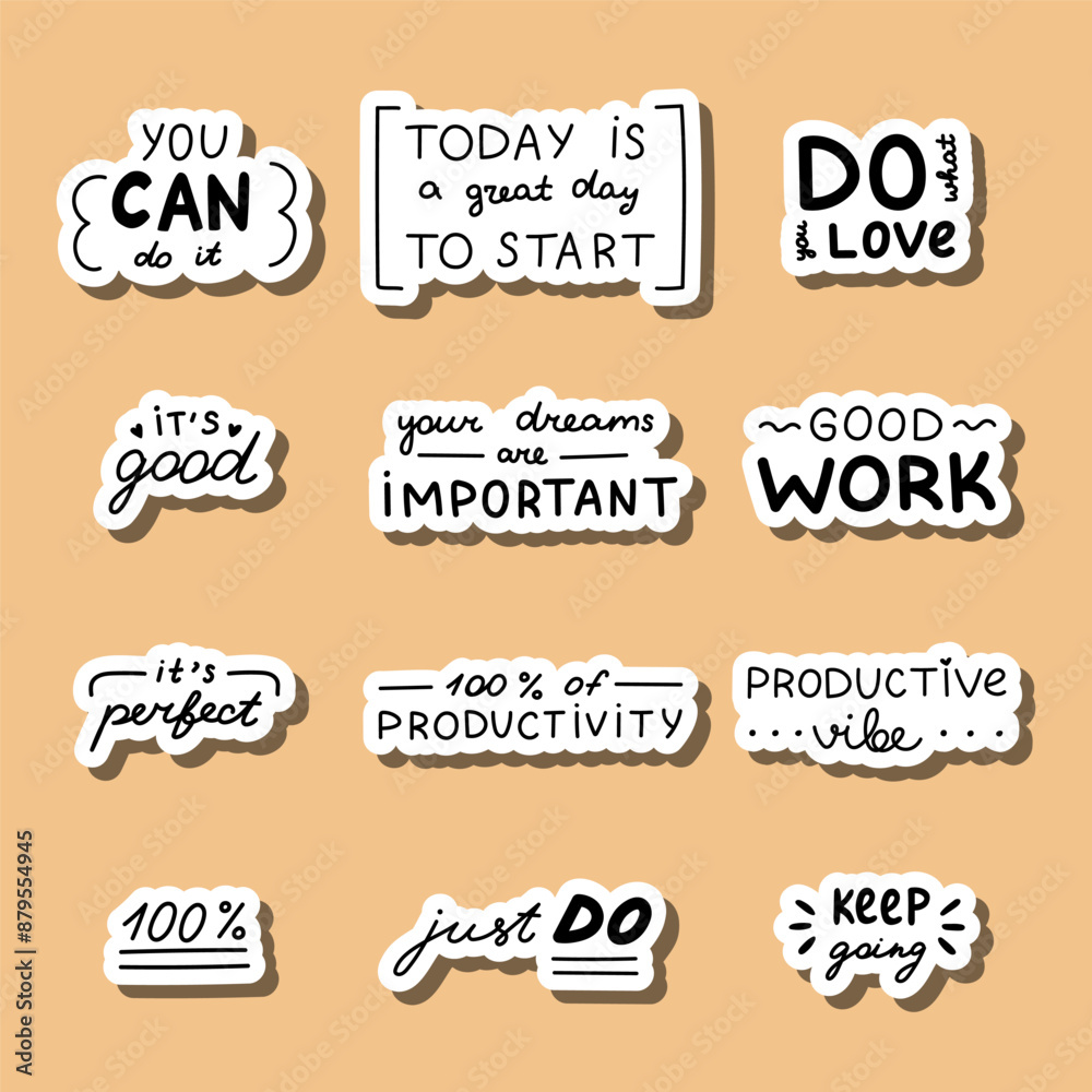 Obraz premium Doodle stickers set with handwritten lettering with motivational, cheering phrases for planners, notebooks. Ready for print list of cute stickers. Inspirational typography for productivity, success.
