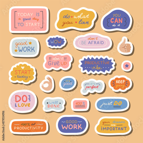 Big set of stickers with handwritten lettering with motivational. cheering phrases for planners, notebooks. Ready for print list of cute stickers. Inspirational typography for good job, achievement.