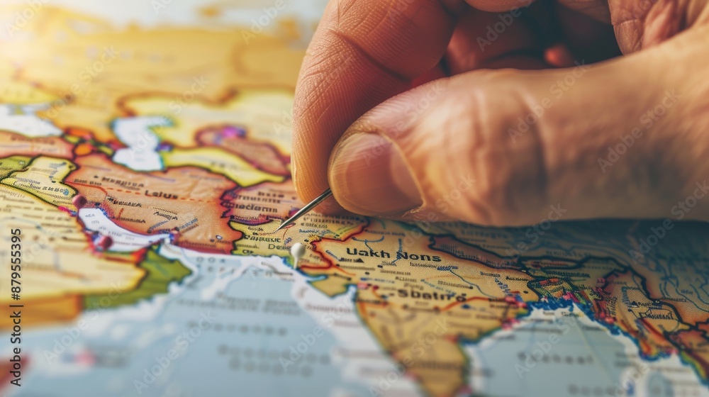 Close-up of a hand placing a pushpin into a city on a world map for a travel plan Close-up of a hand placing a pushpin into a city on a world map for a travel plan