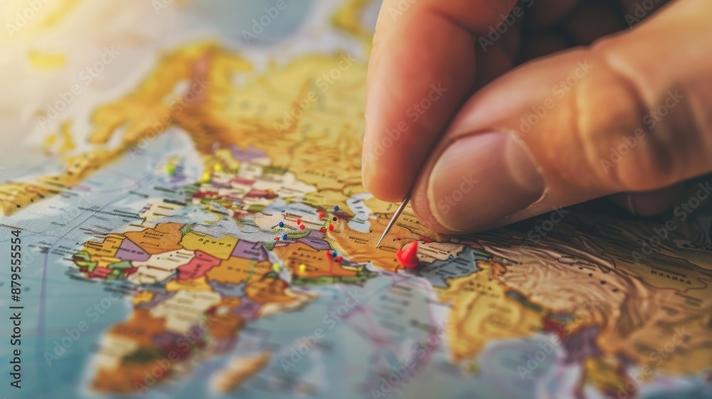 Close-up of a hand placing a pushpin into a city on a world map for a travel plan Close-up of a hand placing a pushpin into a city on a world map for a travel plan