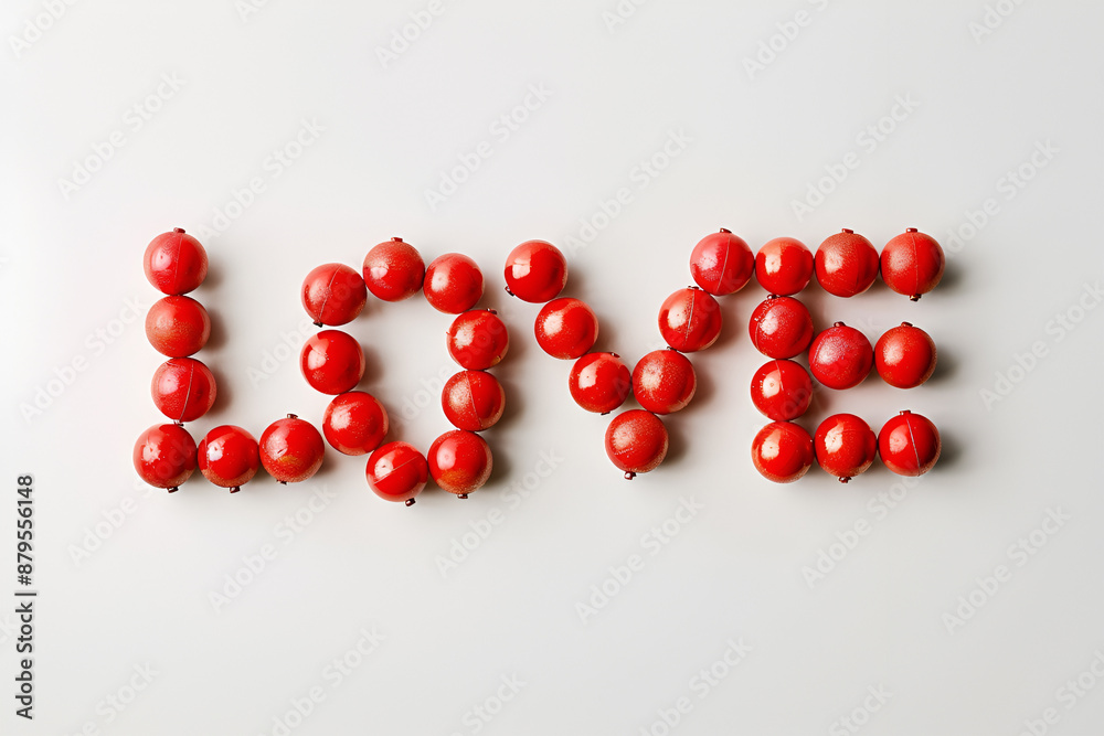 The word love is written on a white background with red beads. The word love is written on a white background with red beads.