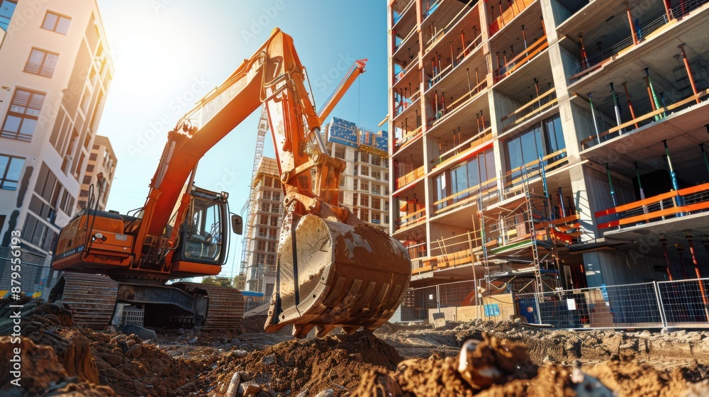 Multiple excavators work simultaneously on a real estate project, with one excavator lifting soil while another levels the ground. The bright sun illuminates the busy construction site, highlighting Multiple excavators work simultaneously on a real estate project, with one excavator lifting soil while another levels the ground. The bright sun illuminates the busy construction site, highlighting