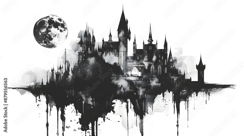 Fototapeta premium Haunting Gothic Castle Silhouette with Glowing Full Moon on Dark Backdrop