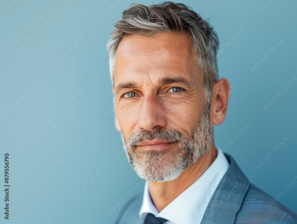 Confident Middle-Aged Man with Gray Hair and Beard in a Blue Suit Against a Light Blue Background
Confident Middle-Aged Man with Gray Hair and Beard in a Blue Suit Against a Light Blue Background
