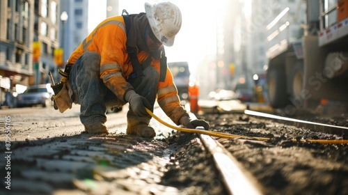 A solo construction worker kneels on the ground, carefully laying cable along the edge of a partially excavated street. The soft sunlight and neutral tones enhance the technical details of the cables