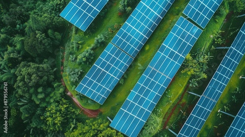 Solar panels seen from above, with a focus on futuristic clean energy