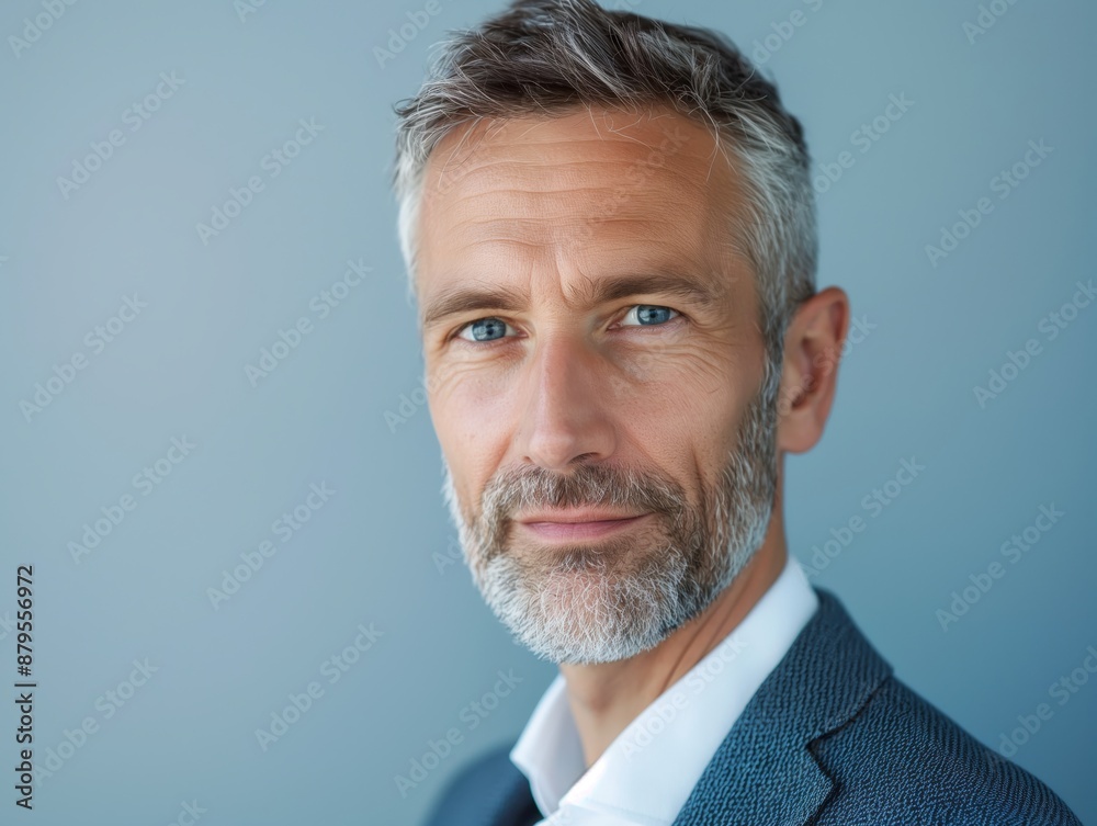 Confident Middle-Aged Man with Gray Hair and Beard in a Blue Suit Against a Light Blue Background
Confident Middle-Aged Man with Gray Hair and Beard in a Blue Suit Against a Light Blue Background