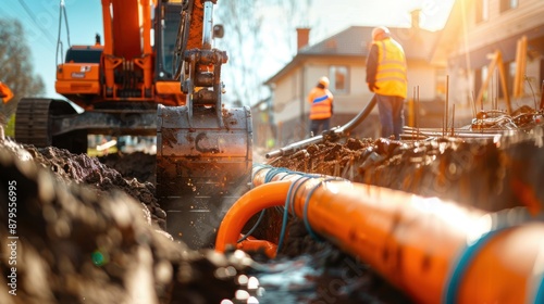 Detailed photojournalistic capture of a construction site under soft natural sunlight, showcasing workers maneuvering around heavy machinery and orange piping in trenches near a house photo