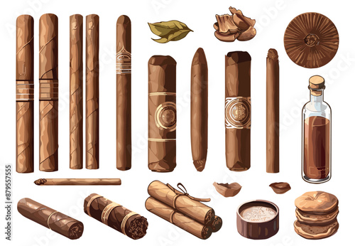 Cigar set. Tobacco collection. Rolled cigars tobacco leaves snuff in a glass flask. Smoking industry development. Isolated vector clipart