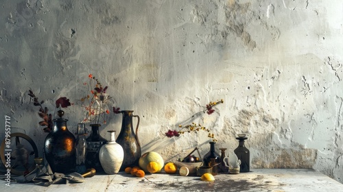 Whimsical Eclectic Still Life with Vintage Objects and Chiaroscuro Lighting photo