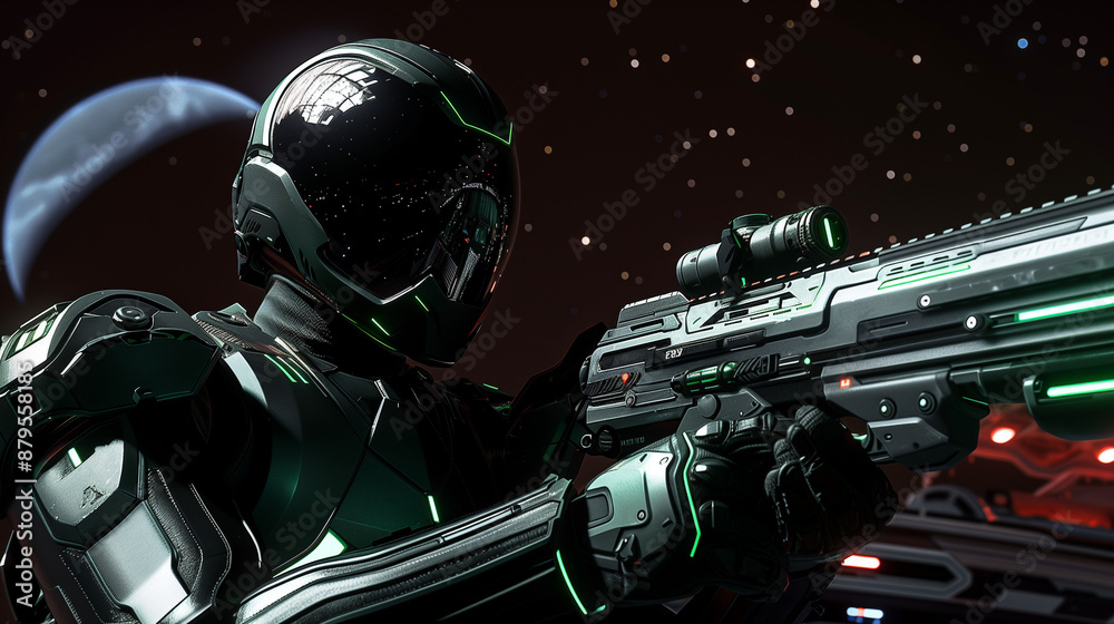 A futuristic soldier in advanced armor holding a high-tech rifle, with a planet and stars in the background