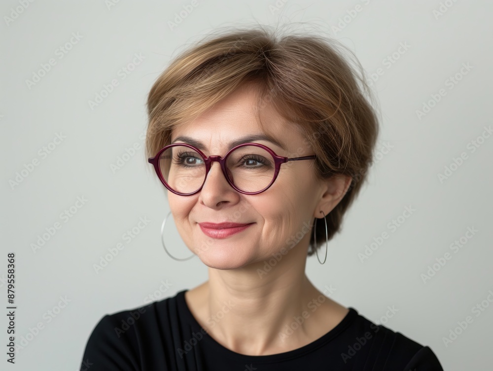 Smiling Middle-Aged Woman with Short Hair and Round Glasses in Black Top
Smiling Middle-Aged Woman with Short Hair and Round Glasses in Black Top