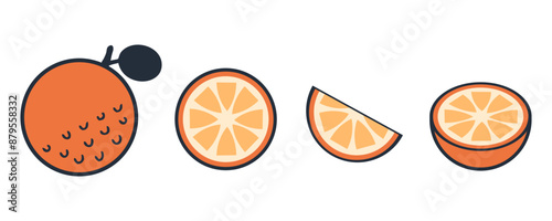 Doodle orange slices set, flat fruit clipart collection. Hand drawn vector illustration for decor and design.