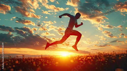 Muscular Athlete Silhouetted Against Vibrant Sunset Sky in Graceful Leap photo