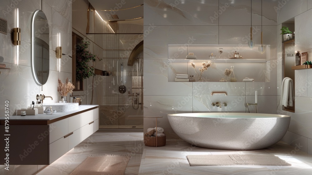 Fototapeta premium A luxurious bathroom with a large, oval mirror, a freestanding tub, and a vanity with a quartz countertop
