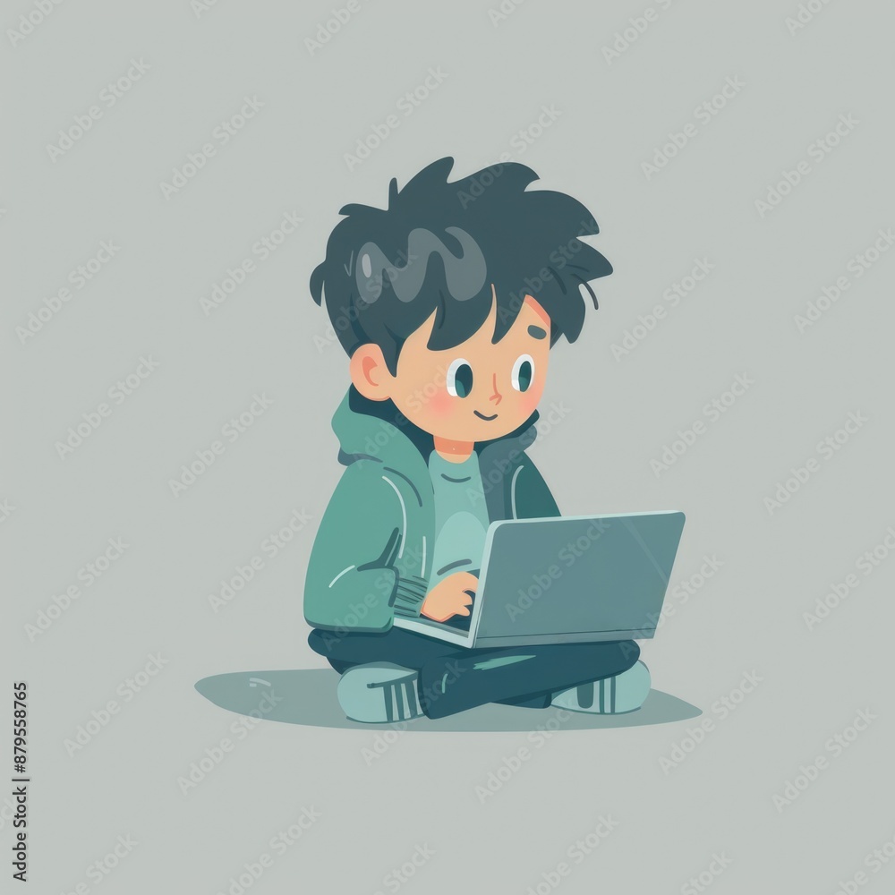 a boy with a laptop flat design illustration cartoon a boy with a laptop flat design illustration cartoon