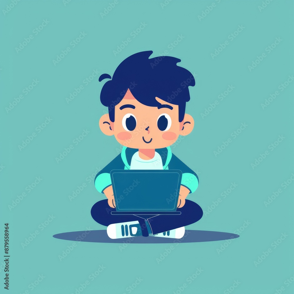 a boy with a laptop flat design illustration cartoon a boy with a laptop flat design illustration cartoon