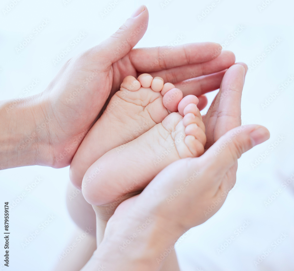 Parents, hands and baby with feet for bonding, care or love in embrace or comfort on bed at home. Closeup of barefoot, young infant or tiny toes in bedroom with adult or guardian for growth or youth Parents, hands and baby with feet for bonding, care or love in embrace or comfort on bed at home. Closeup of barefoot, young infant or tiny toes in bedroom with adult or guardian for growth or youth