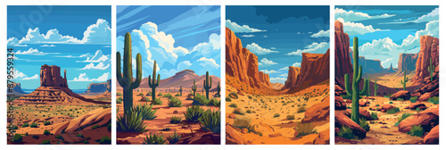 Desert landscape posters set. Cactus, hills, sun and mountains. Wild West deserts view scene. Nature background. Vector cartoon style
