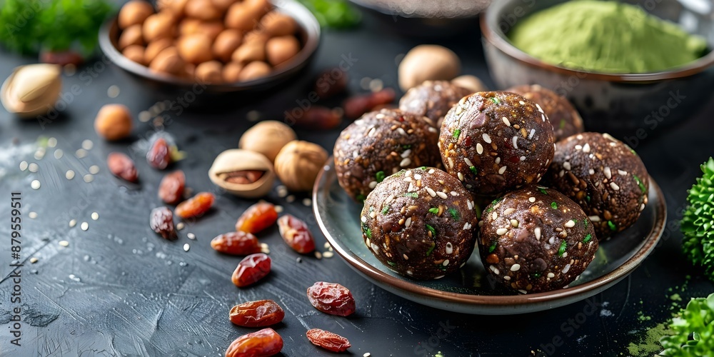 Vegan energy balls with dates nuts superfoods like goji berries and matcha. Concept Vegan Recipes, Healthy Snacks, Energy Boosting Foods, Plant-Based Desserts, Superfood Ingredients Vegan energy balls with dates nuts superfoods like goji berries and matcha. Concept Vegan Recipes, Healthy Snacks, Energy Boosting Foods, Plant-Based Desserts, Superfood Ingredients