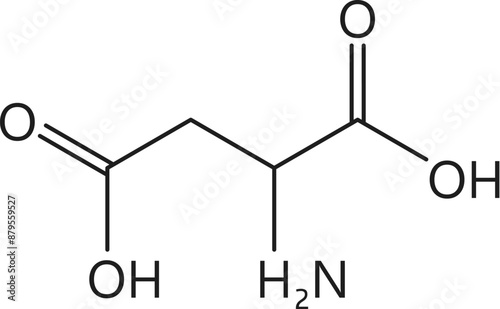 Aspartic amino acid chemical molecules, essential chain structure, features carboxylic acid group and amino group on its a-carbon, forming negatively charged side chain. Molecular formula is c4h7no4