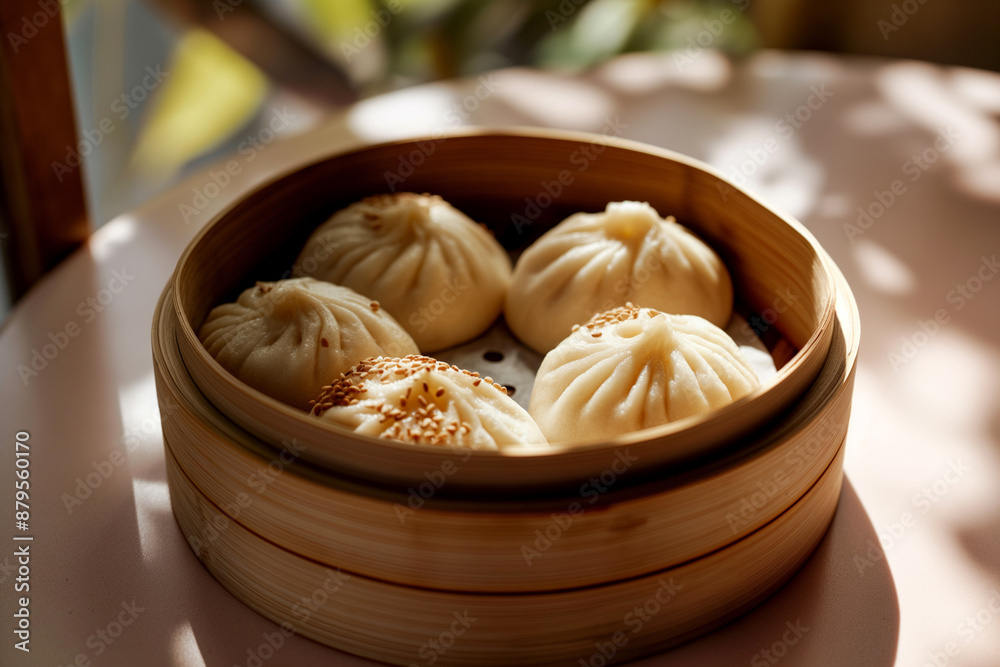 Delicately pleated Bao bun basket, crafted from steamed dough, rests on a bed of sesame seeds. Perfect for Asian fusion fillings Delicately pleated Bao bun basket, crafted from steamed dough, rests on a bed of sesame seeds. Perfect for Asian fusion fillings