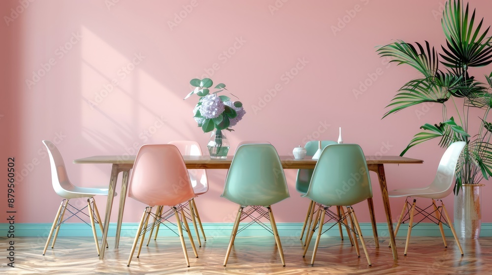 A mid-century modern dining room with a teak table and classic Eames chairs in pastel colors A mid-century modern dining room with a teak table and classic Eames chairs in pastel colors
