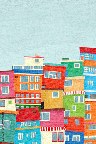 Colored houses of a favela. Graphic art vector mosaic