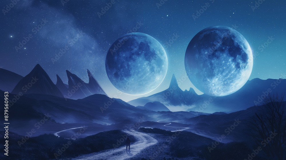 The large moons in a starry night sky, game background, video game, slot game background, Illustration