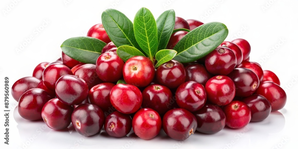 Cranberry Pile with Green Leaves, White Background, Close-up, Fresh Fruit, Food, Nature, Healthy Cranberry Pile with Green Leaves, White Background, Close-up, Fresh Fruit, Food, Nature, Healthy