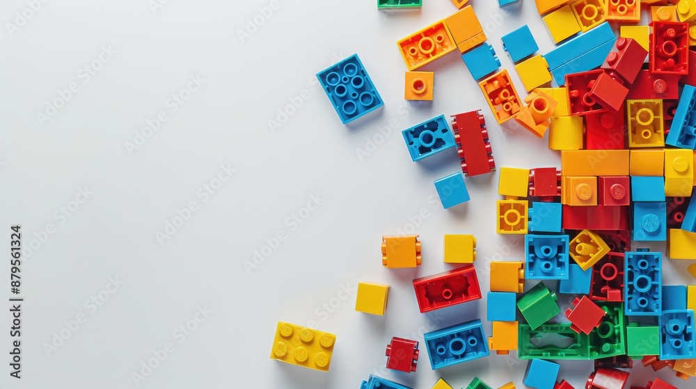 Clean white background with a variety of colorful bricks, perfect for inserting text and displaying creativity.