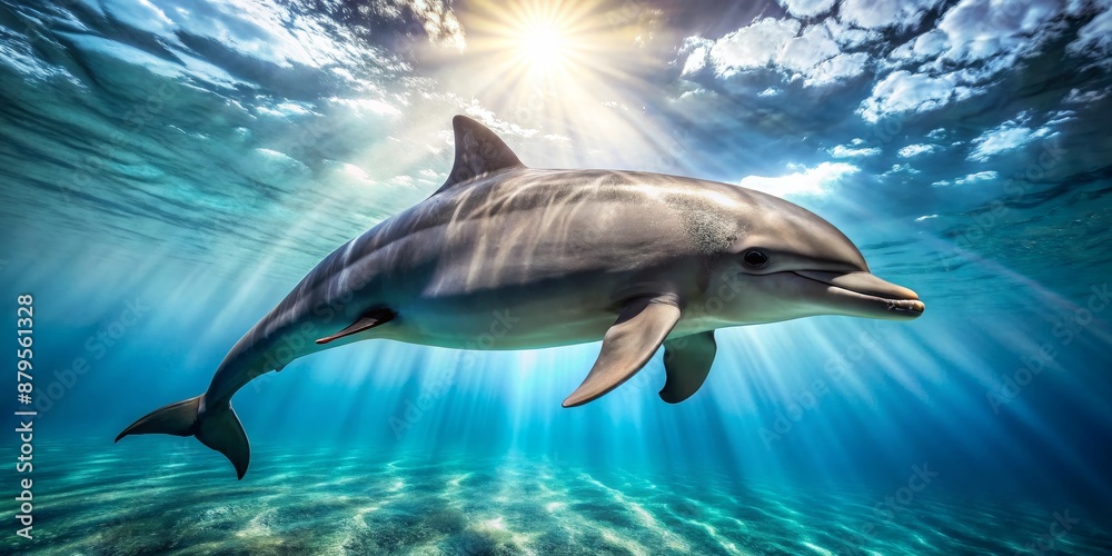 Fototapeta premium Dolphin Under The Sea Sunbeams, Underwater Photography, Marine Life, Dolphin, Ocean
