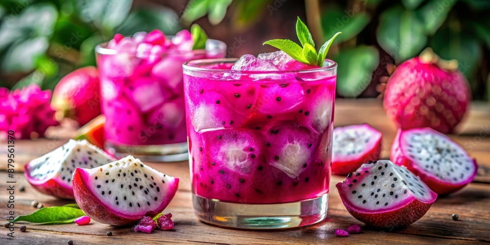 Dragon Fruit Cocktail with Ice Cubes and Mint, tropical , exotic , refreshing , summer drink Dragon Fruit Cocktail with Ice Cubes and Mint, tropical , exotic , refreshing , summer drink
