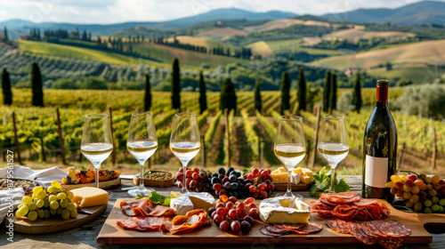 Picnic with wine, charcuterie and cheese served on rustic table, rolling hills with vineyards in the background
