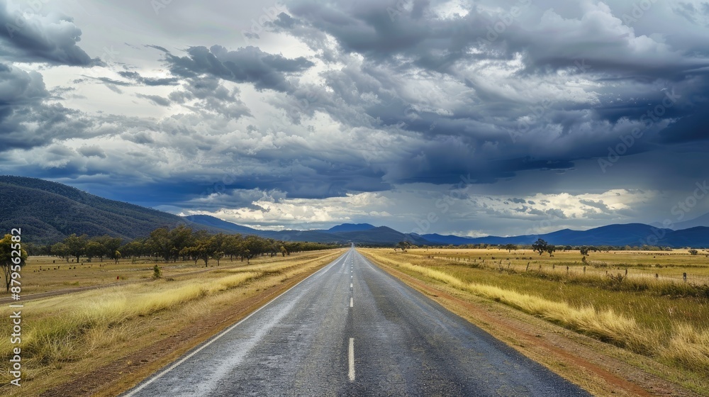 Cloudy skies loom over the straight path of Matilda Highway in Queensland Cloudy skies loom over the straight path of Matilda Highway in Queensland