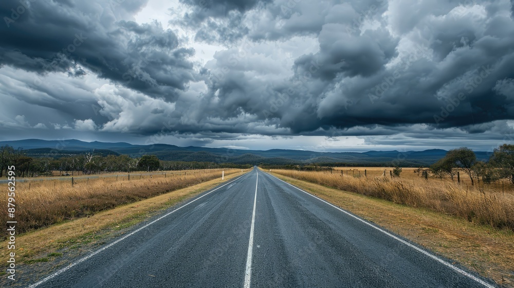 Fototapeta premium Cloudy skies loom over the straight path of Matilda Highway in Queensland