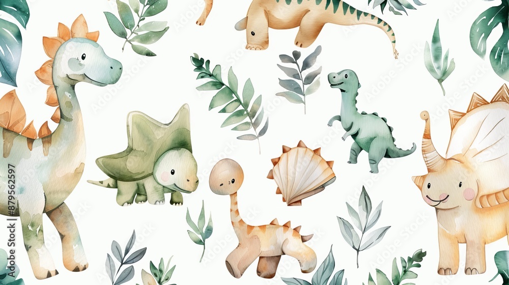 Fototapeta premium A fanciful illustration displaying various cartoon dinosaurs amid lush greenery, creating an engaging and playful scene that showcases the wonders of a prehistoric world.