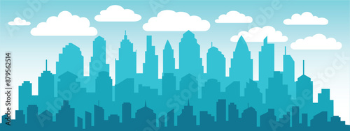 Light gray cityscape background. City buildings with trees at park view. Monochrome urban landscape with street. Modern architectural panorama in flat style. Vector illustration horizontal wallpaper