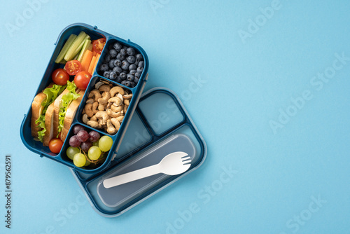 Photos Open lunchbox with a healthy meal including a sandwich, fruits, and nuts organized in compartments