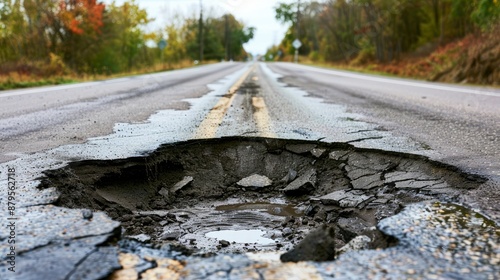 Damaged American highway with a deep pothole requiring urgent repair