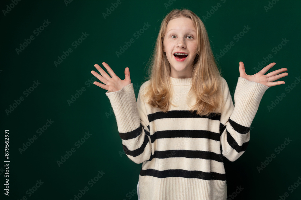 Young Girl in Striped Sweater Holding Hands Out