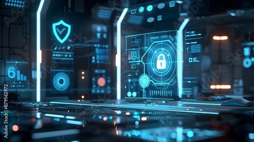 Wallpaper Mural A high-quality image of a futuristic office environment. In the center, a holographic interface displays flowing data streams and AI analytics. Torontodigital.ca