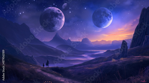 The large moons in a starry night sky, game background, video game, slot game background, Illustration