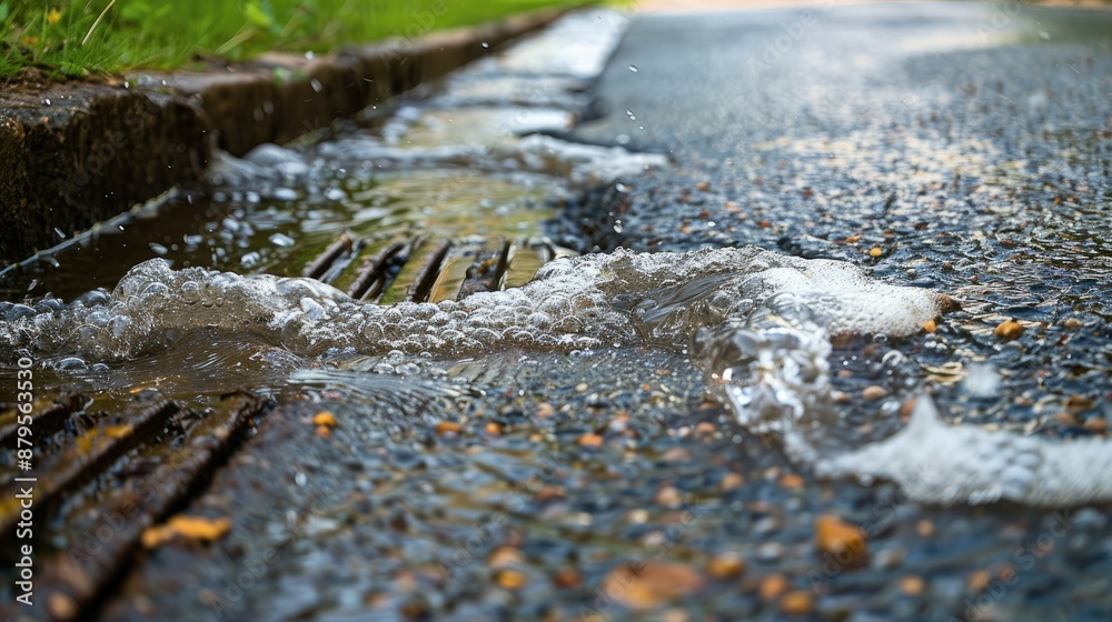 Heavy stormwater runoff on an asphalt road, water draining into the ...
