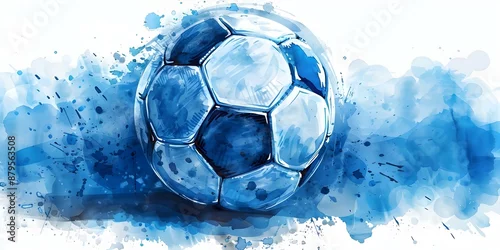 Obraz Blue watercolor soccer ball art print for creative wall decoration. Concept Home Decor, Wall Art, Soccer Theme, Watercolor Print, Blue Accents