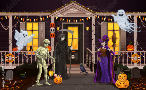 Halloween characters near holiday door porch. Ghoulish eerie mummy, grim reaper, witch, creepy ghost and black cat haunt a house yard adorned with spooky decor, for a night of frightful festivities
