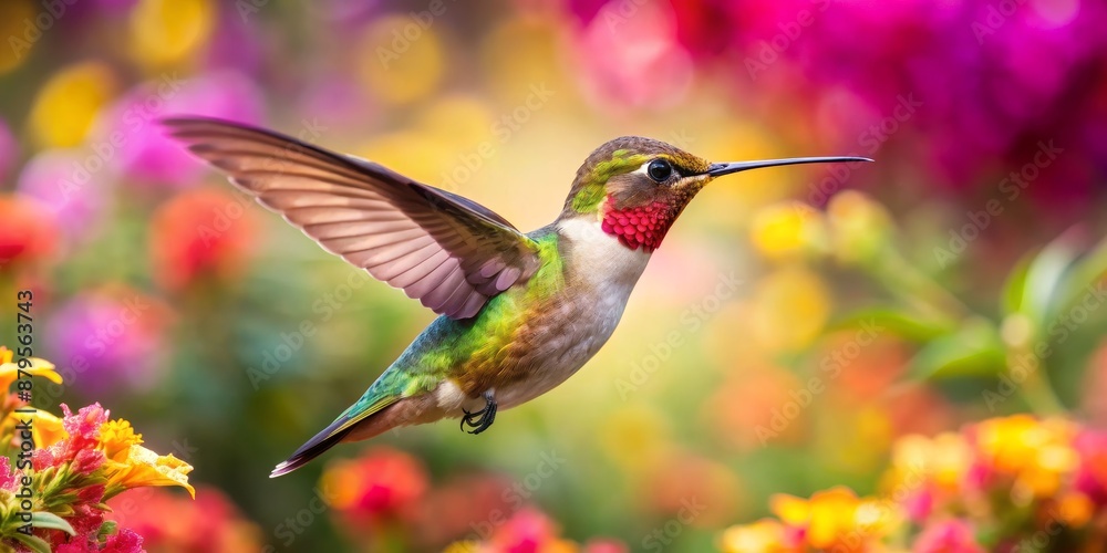 Fototapeta premium Hummingbird in Flight Amidst a Colorful Garden, Bird, Nature, Wildlife, Flowers