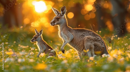 A kangaroo and joey in a sunlit meadow, surrounded by flowers, with trees in the background, during a warm sunset.