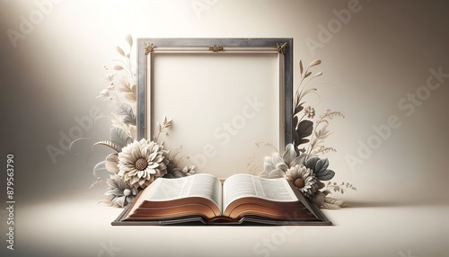 An open Bible, flowers and a decorative frame for inserting text photo