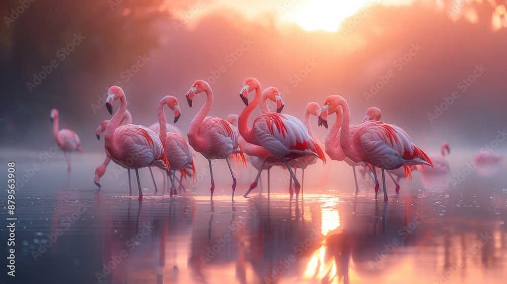 Fototapeta premium A serene group of flamingos standing in the water at sunset, with a dreamy, misty ambiance. Perfect for nature, wildlife, and landscape themes.